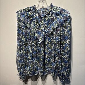 Boden Blue Floral Print Smocked Neck Sheer Blouse  Sz8 Whimsical Cottagecore‎